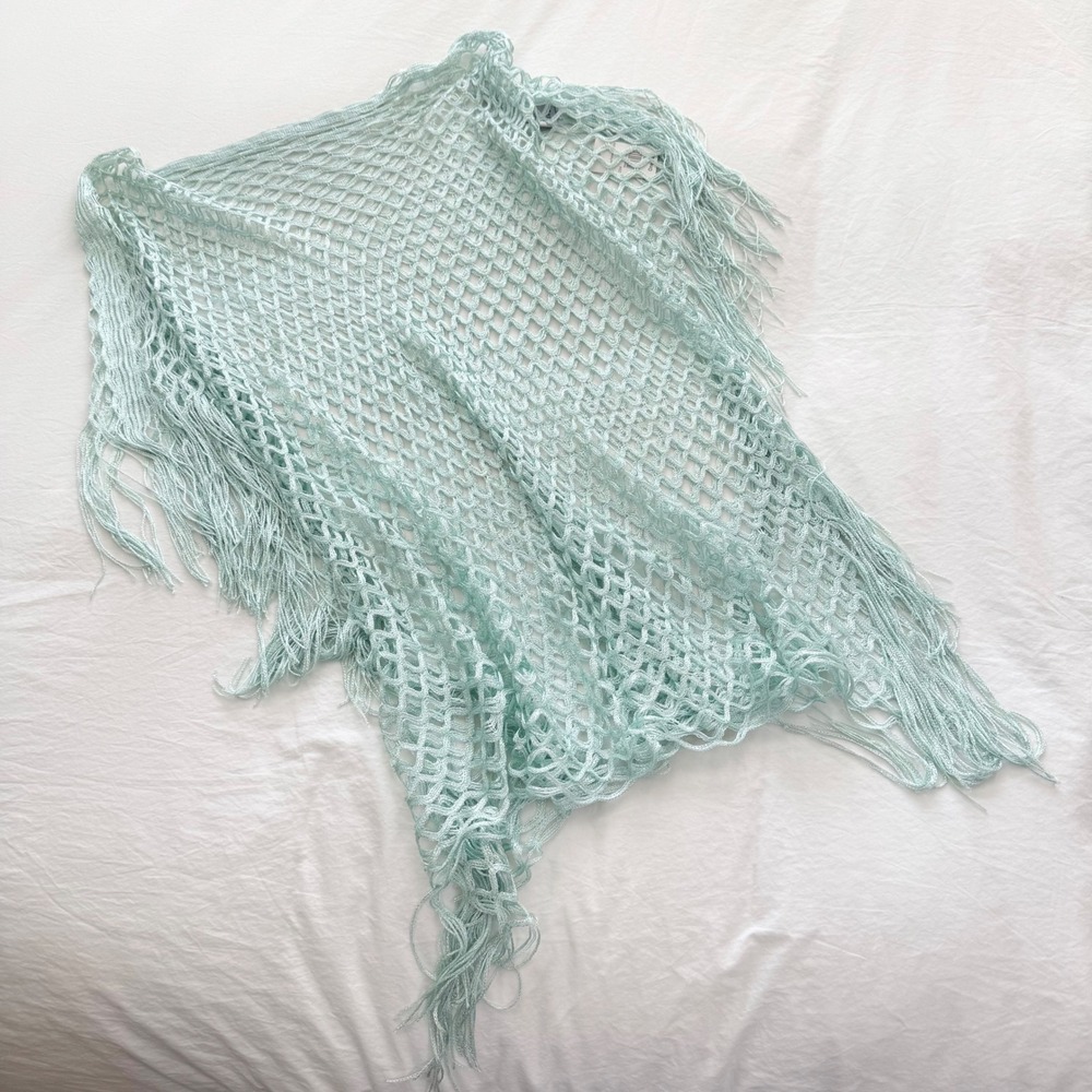 Aqua Blue Metallic Fishnet Fringe Poncho Swim Cover Up One Size